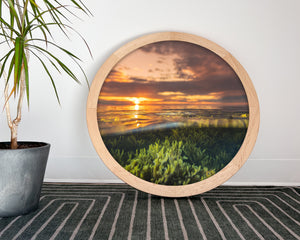 Sunset et algues - cadre rond en bois massif (24 pouces)